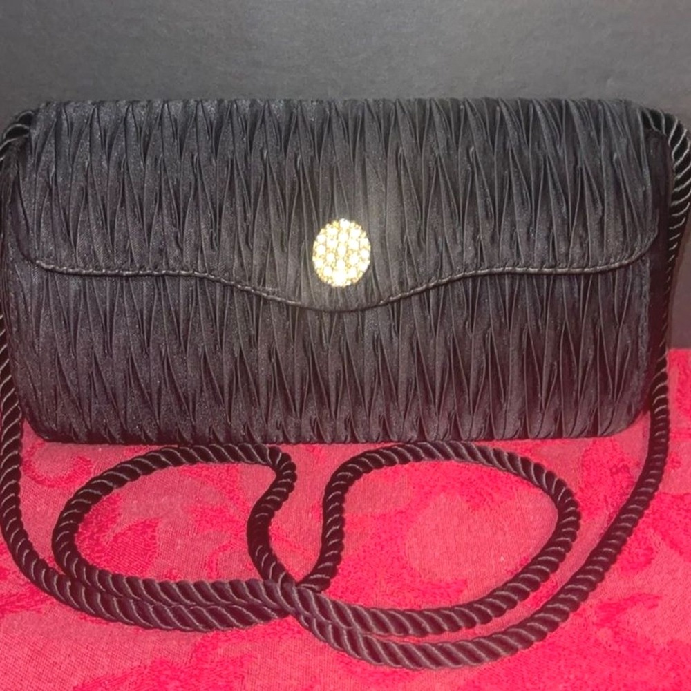 Walborg Black‎ Pleated Satin Clutch Shoulder Bag Purse Envelope Shape Vintage